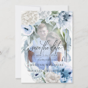 Country Elegant Floral Watercolor Blue Flowers Save The Date