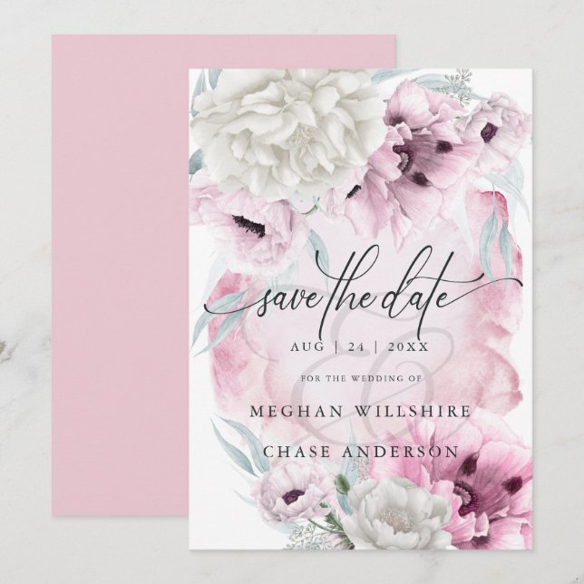 Country Elegant Floral Watercolor Pink Poppies Invitation (Front/Back)