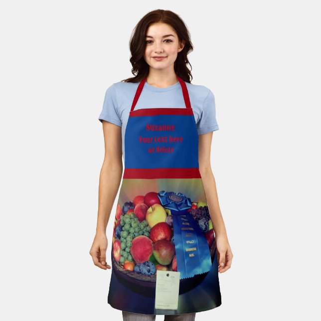 Country Fair Blue Ribbon Fruit Personalised Apron (Worn)