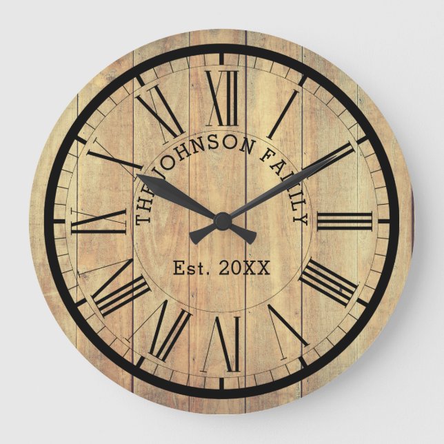 Country Famly Name & Est. | Rustic Light Wood Large Clock (Front)