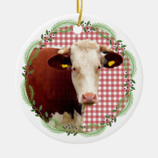 Country Farm Animal Cow Gingham Christmas Wreath Ceramic Tree Decoration