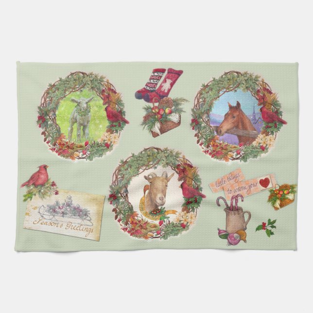 Country Farm Animals Christmas Greetings Tea Towel (Horizontal)