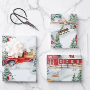 Country Farm Barn Truck Snowman Wrapping Paper Sheet