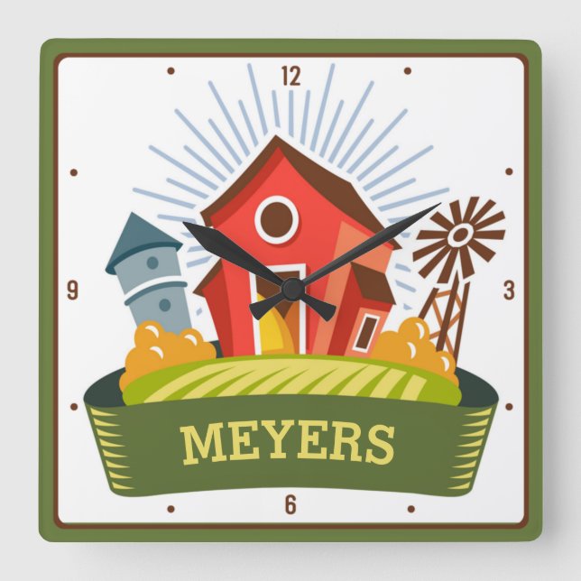 Country Farm Big Red Barn Personalised Ranch Square Wall Clock (Front)