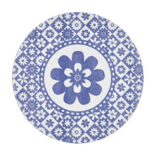 Country Farm Blue and White Check Floral Pattern Cutting Board