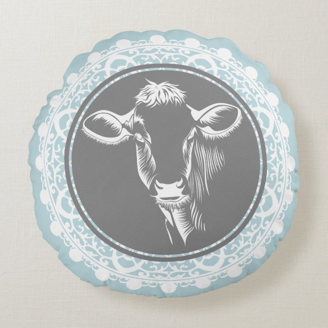 Country Farm Blue & White Doily Cow Sketch Round Cushion (Front)