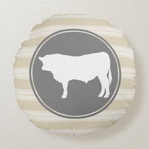 Country Farm Creamy Tan White Bull Silhouette Round Cushion