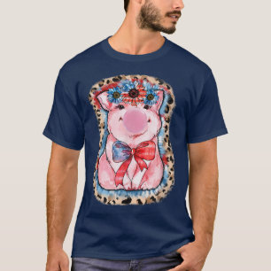 Country Farm Cute Pig American Flag 4th Of July Fa T-Shirt