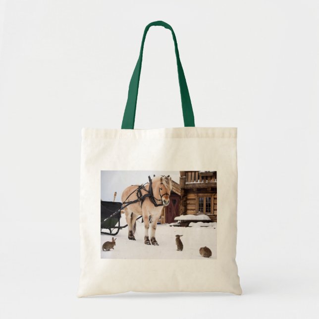 Country farm idyll horse rabbits in snow tote bag (Front)