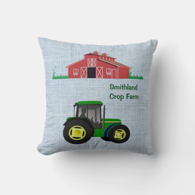 Country Farm Red Barn Green Tractor Optional Name Cushion (Front)