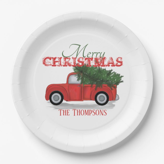 Country Farm Red Truck Custom Holiday Christmas Paper Plate (Front)