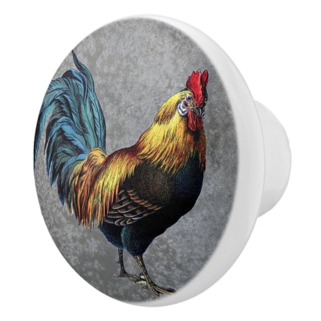 Country Farm Rooster On Grey Background Ceramic Knob (Right)