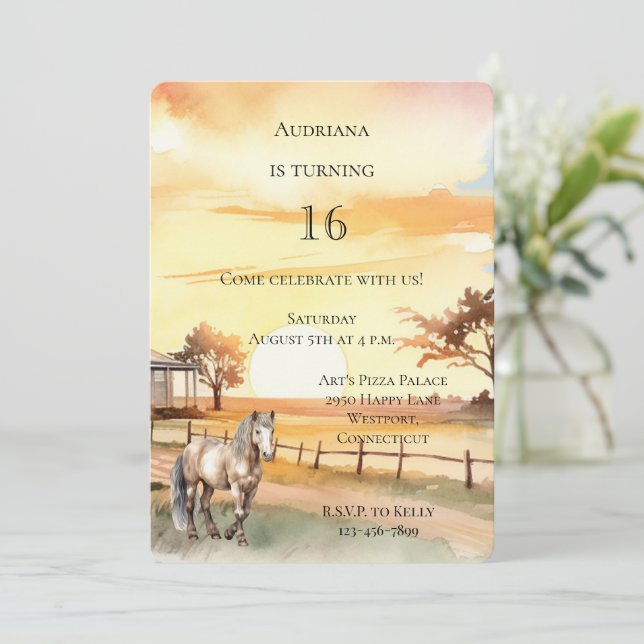 Country Farm Sunset Horse Birthday Invitation (Standing Front)