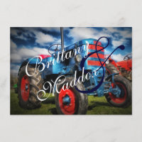 Country Farm Tractor Blue Wedding Invitations
