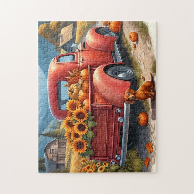 Country Farm Truck Sunflowers and Pumpkins Puzzle (Vertical)