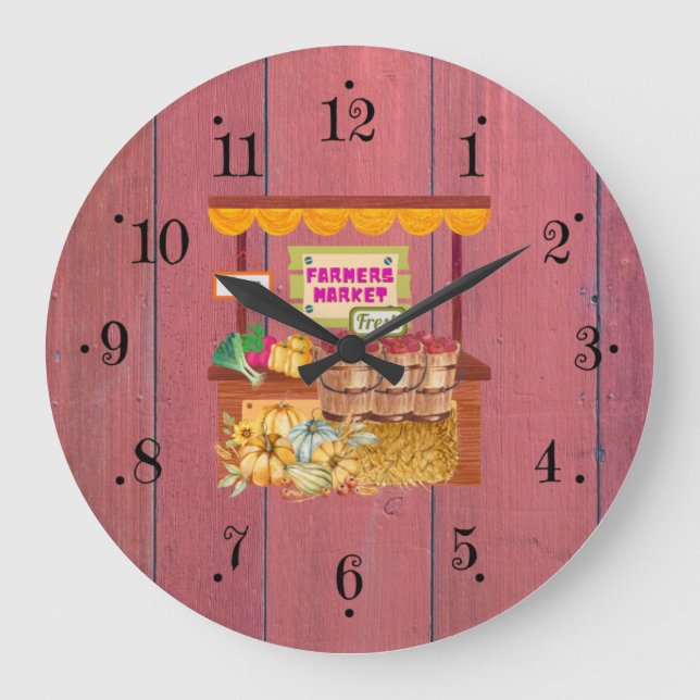 Country Farmers Market Red Barn Wood Wall Clock (Front)