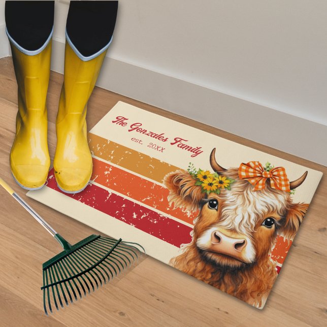 Country Farmhouse Barn Cute Highland Cow Door Mat (Rustic Farmhouse Fall Front Door Home Decoration Highland Cow With Sunflowers  Plaid Ribbon )