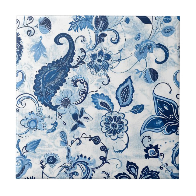 Country Farmhouse Blue and White Paisley  Tile (Front)