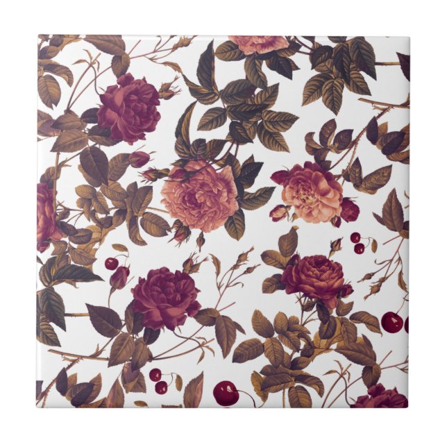 Country Farmhouse Burgundy Rose Cherry Tile (Front)