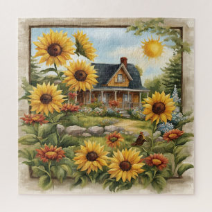 Country Farmhouse Dreamy Golden Sunflowers Jigsaw Puzzle