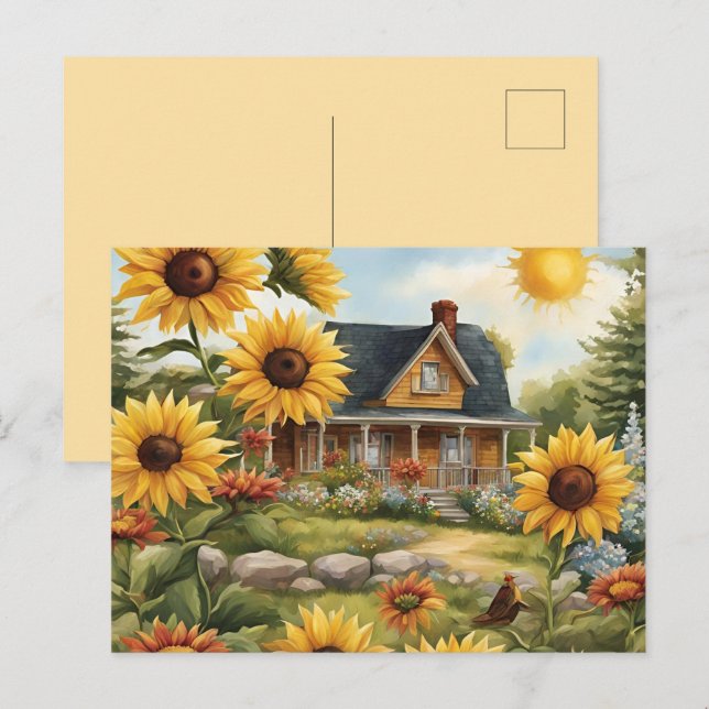 Country Farmhouse Dreamy Golden Sunflowers Postcard (Front/Back)