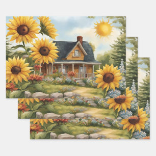 Country Farmhouse Dreamy Golden Sunflowers Wrapping Paper Sheet