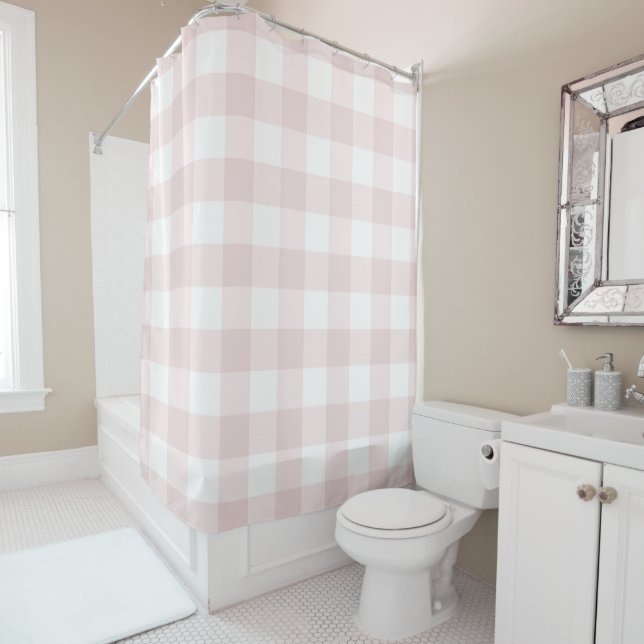 Country Farmhouse Pink Buffalo Gingham Plaid Shower Curtain (In Situ)