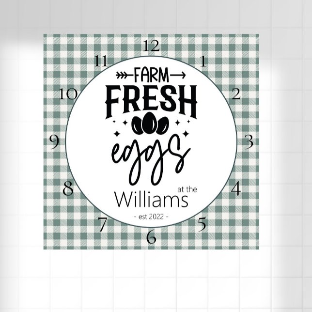 Country Farmhouse Plaid Farm Fresh Eggs  Square Wa Square Wall Clock (Creator Uploaded)