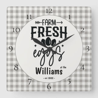 Country Farmhouse Plaid Farm Fresh Eggs Square Wall Clock