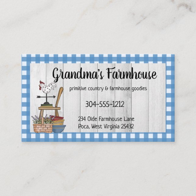 Country Farmhouse Primitive Gingham On Wood Business Card (Front)