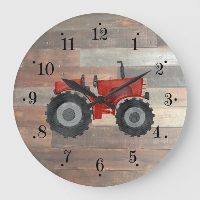 Country Farmhouse Red Tractor Faux Wood Wall Clock (Front)