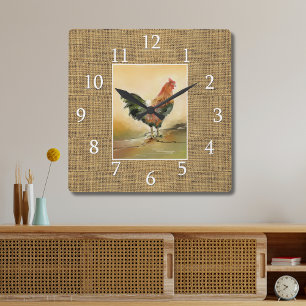 Country Farmhouse Rooster Rustic Burlap Jute Square Wall Clock