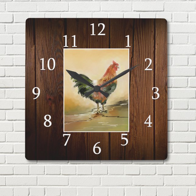 Country Farmhouse Rooster Rustic Dark Wood Square Wall Clock (Creator Uploaded)