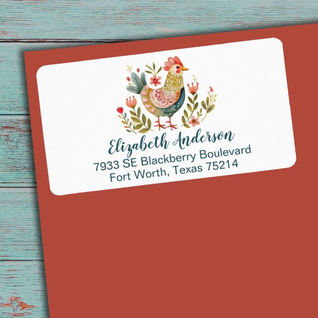 Country Farmhouse Watercolor Chicken Folk Art Label (A pretty folk art watercolor chicken address label)