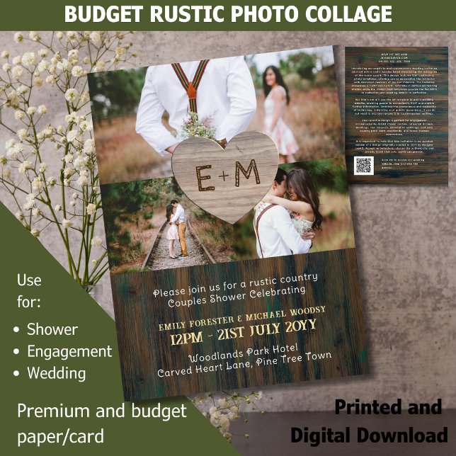 Country Fayre Rustic Wood Carved Hearts Photo Cosy Invitation (Creator Uploaded)
