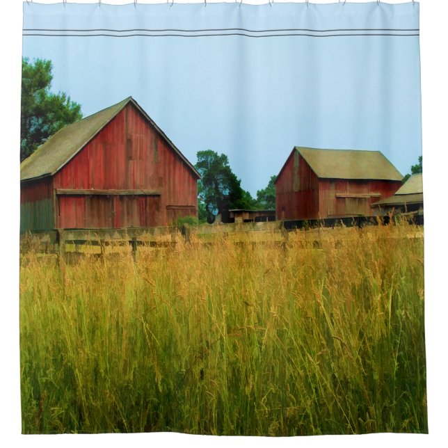 Country Fields with Red Barn and Outbuildings Shower Curtain (Front)