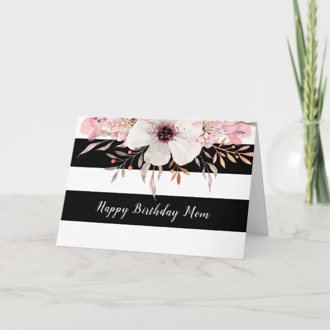 Country Floral Black White Stripes Birthday Card (Front)
