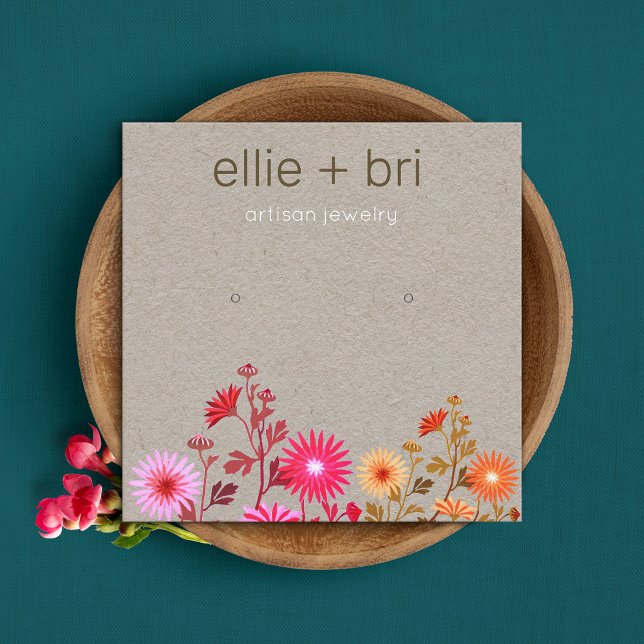 Country Floral Boho Kraft Stud Earring Display Square Business Card (Creator Uploaded)