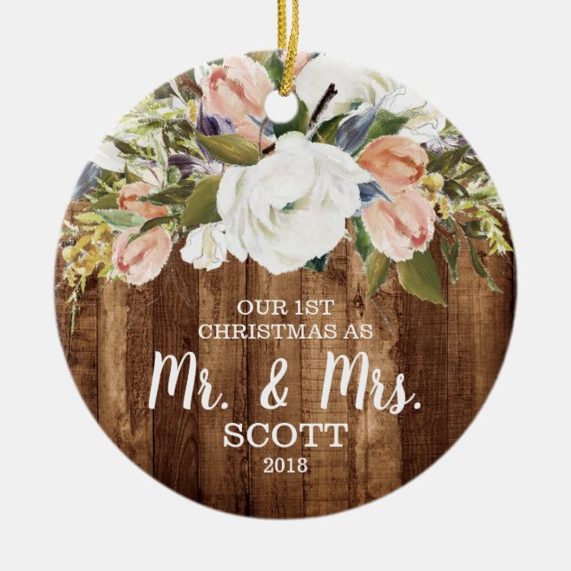 Country Floral First Christmas Married Mr & Mrs Ceramic Tree Decoration (Front)