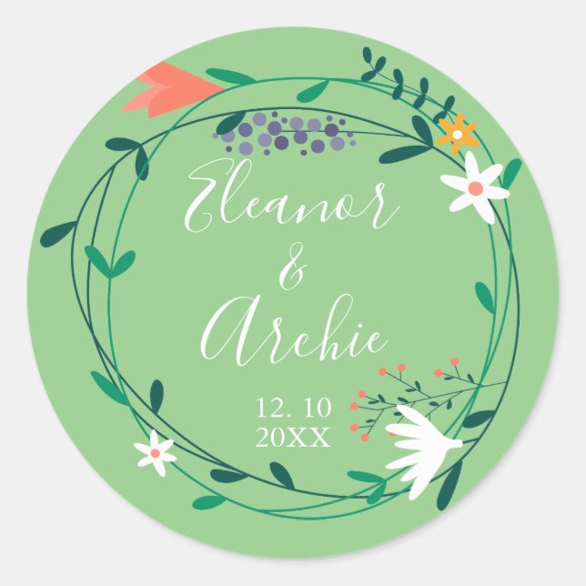 Country Floral Garland Wedding Favour Classic Round Sticker (Front)