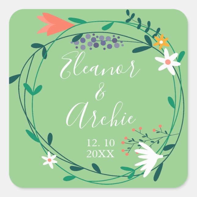 Country Floral Garland Wedding favour Square Sticker (Front)