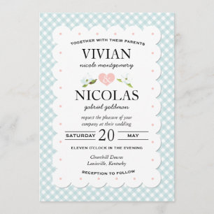 Country Floral Gingham Pink Blue Wedding Invitation