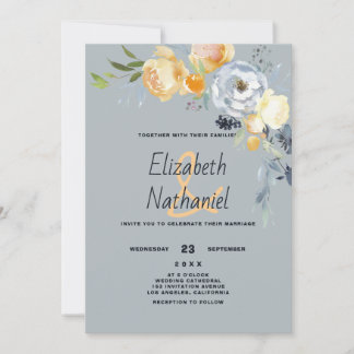 Country floral orange blue white botanic wedding  invitation