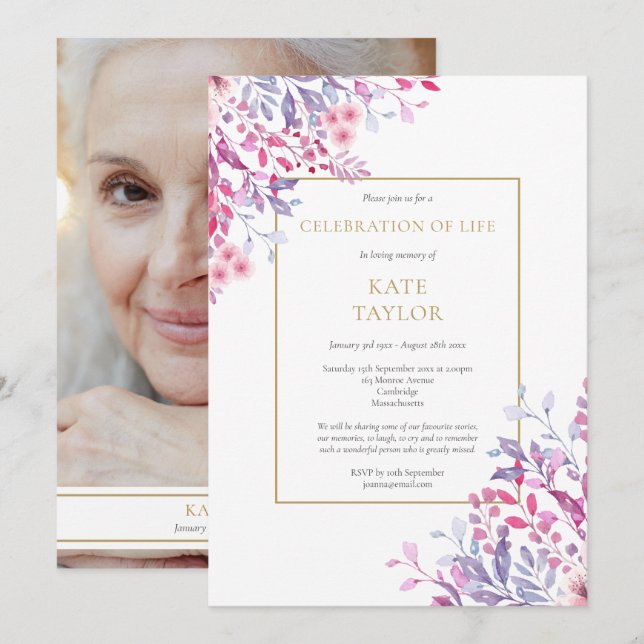 Country Floral Photo Funeral Celebration of Life Invitation (Front/Back)