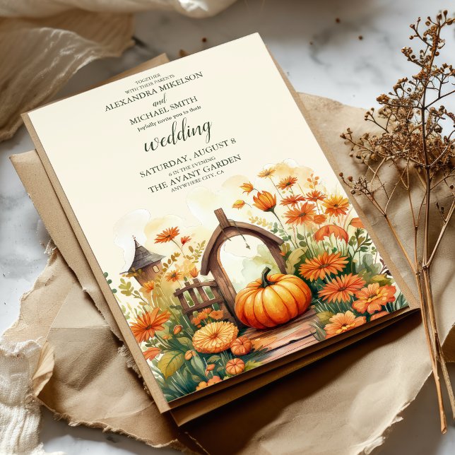Country Floral Pumpkin Scrip Wedding Invitation (Creator Uploaded)