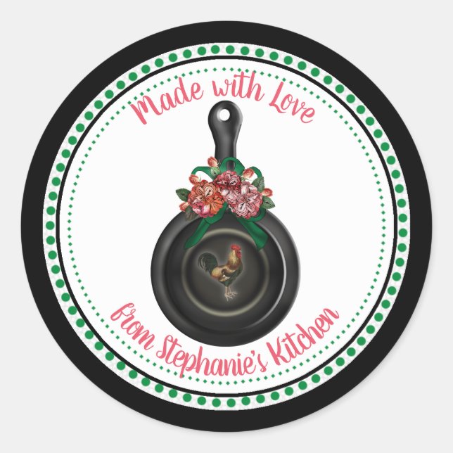 Country Floral |  Rooster Iron Skillet Kitchen Classic Round Sticker (Front)