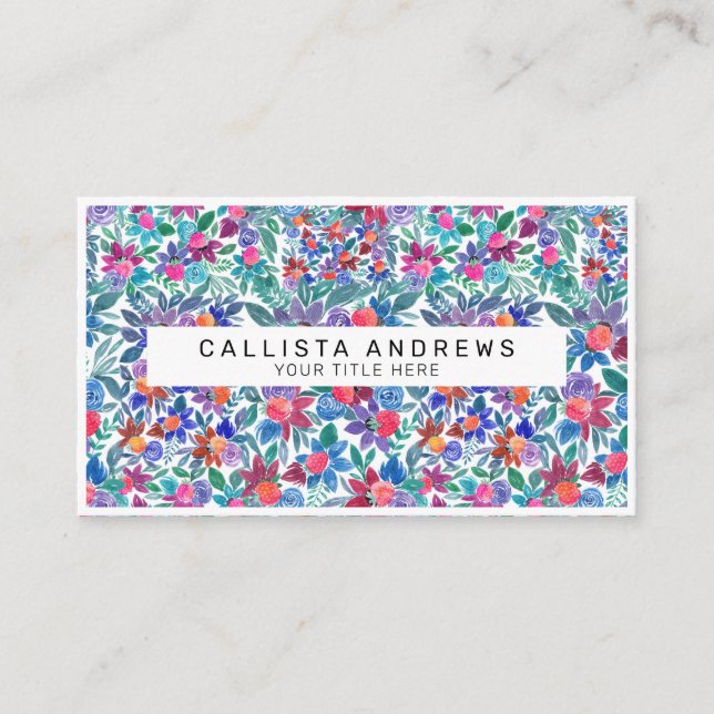 Country Floral Strawberries Watercolor Pattern Business Card (Front)