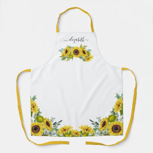 Country Floral Watercolor Yellow Sunflower Apron (Front)