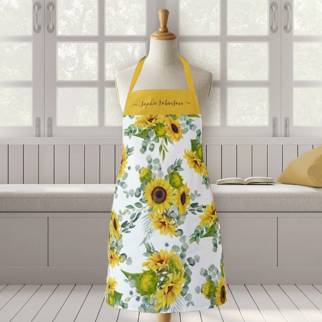 Country Floral Watercolor Yellow Sunflower Apron (A pretty sunflower pattern apron. Personalize it with your name.)