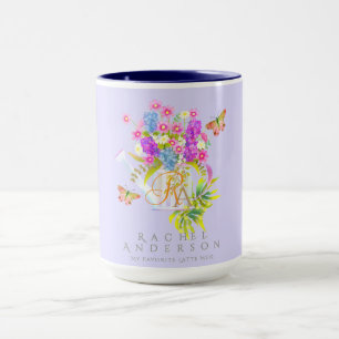 Country Floral Watering Can Monogram Purple Mug